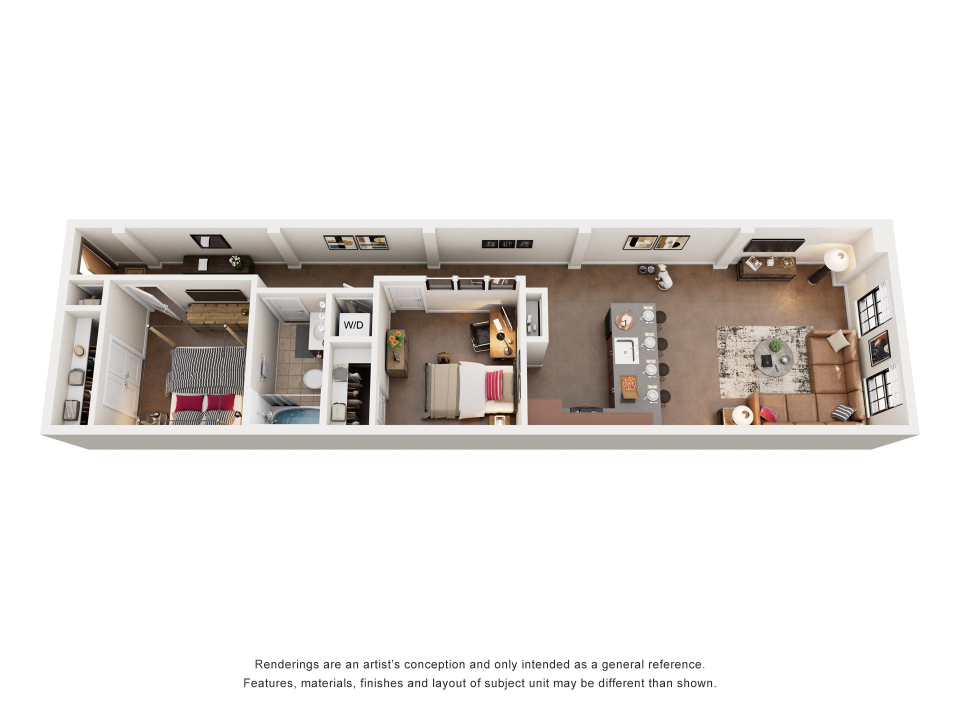 Floor plan for 2 beds, 1 bath, 951 sqft